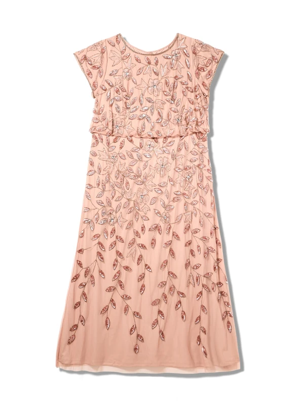 Adrianna Papell Women's Blouson Beaded Long Dress Special Occasion, Rose Gold, 20 Plus