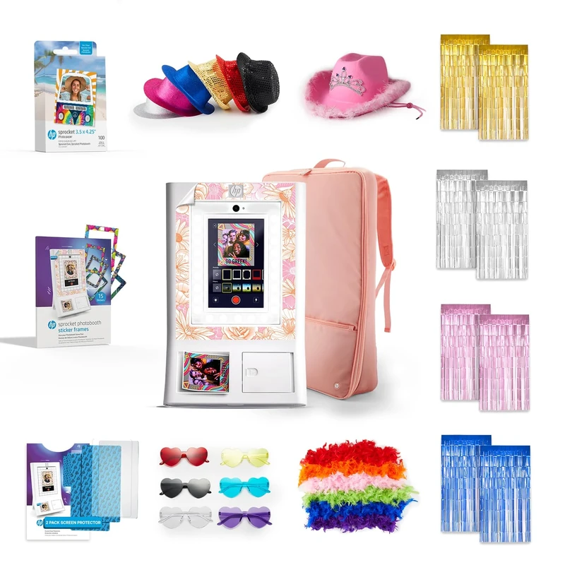 HP Sprocket Photo Booth Machine Instant Color Photo Printer (White) + Zink Paper (100 Sheets) + Fedoras (6)+ Glasses (6)+ Boas (6)+ Pink Hat (1) & more