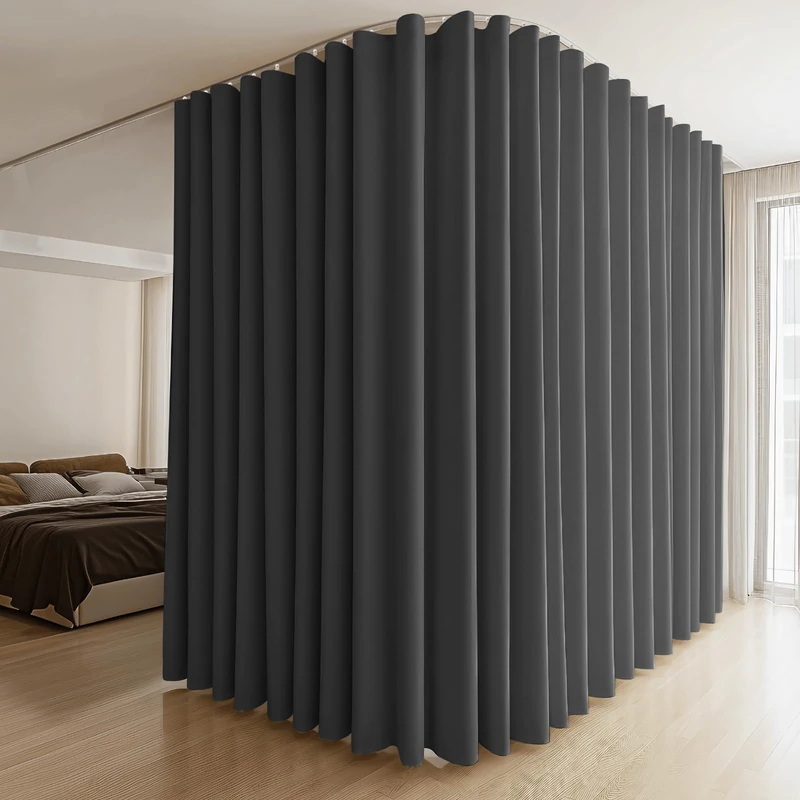 MaKefeile Room Divider Curtain with Flexible Bendable Track Set W180×H108in 1 Panel Black Curtain and White Track