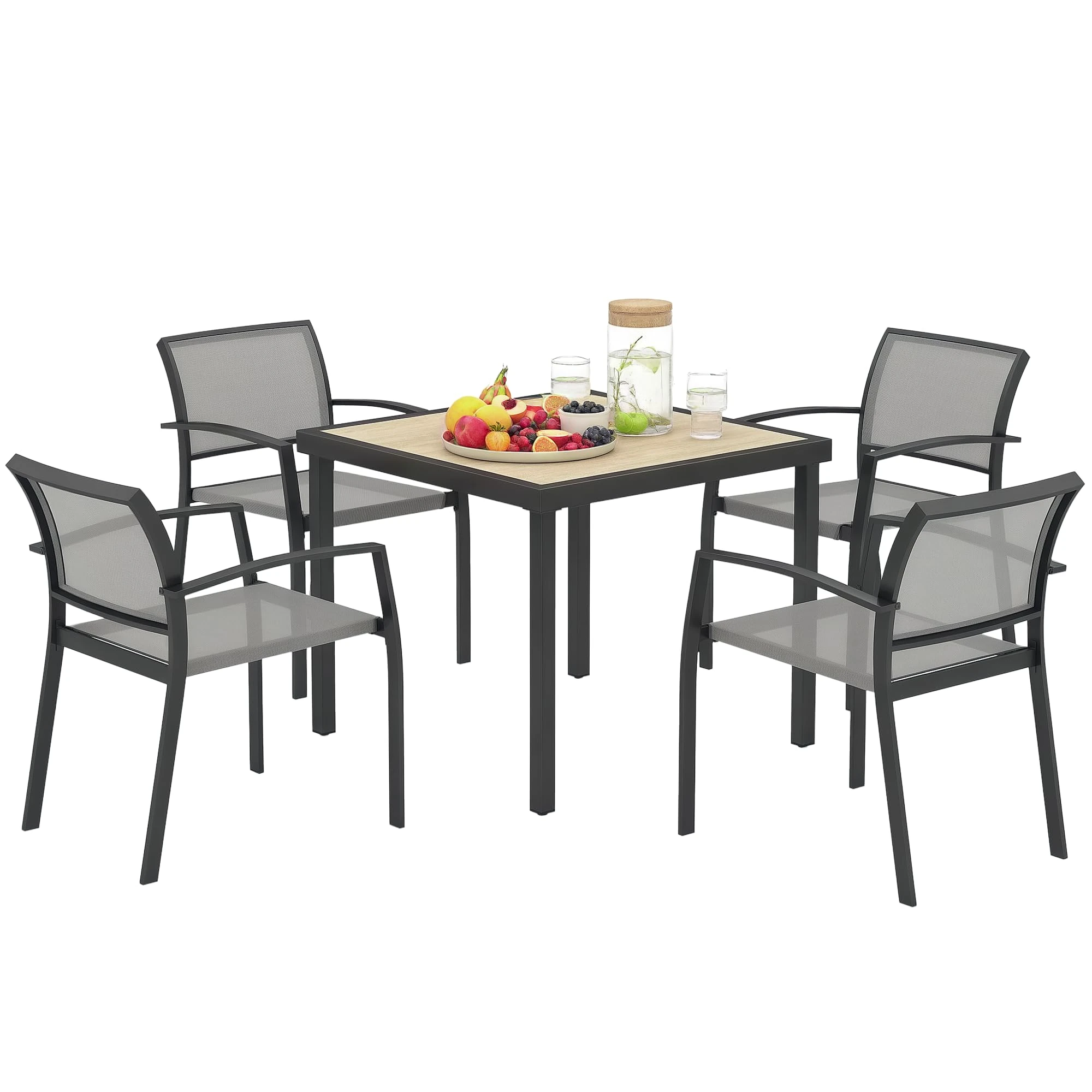 Outsunny 4 Seater Garden Dining Set, 5 Piece Garden Furniture Set with 4 Stackable Armchairs, Outdoor Table and Chairs with Easy Clean Top, Steel Frame, Texteline Seat, for Terrace, Balcony, Grey