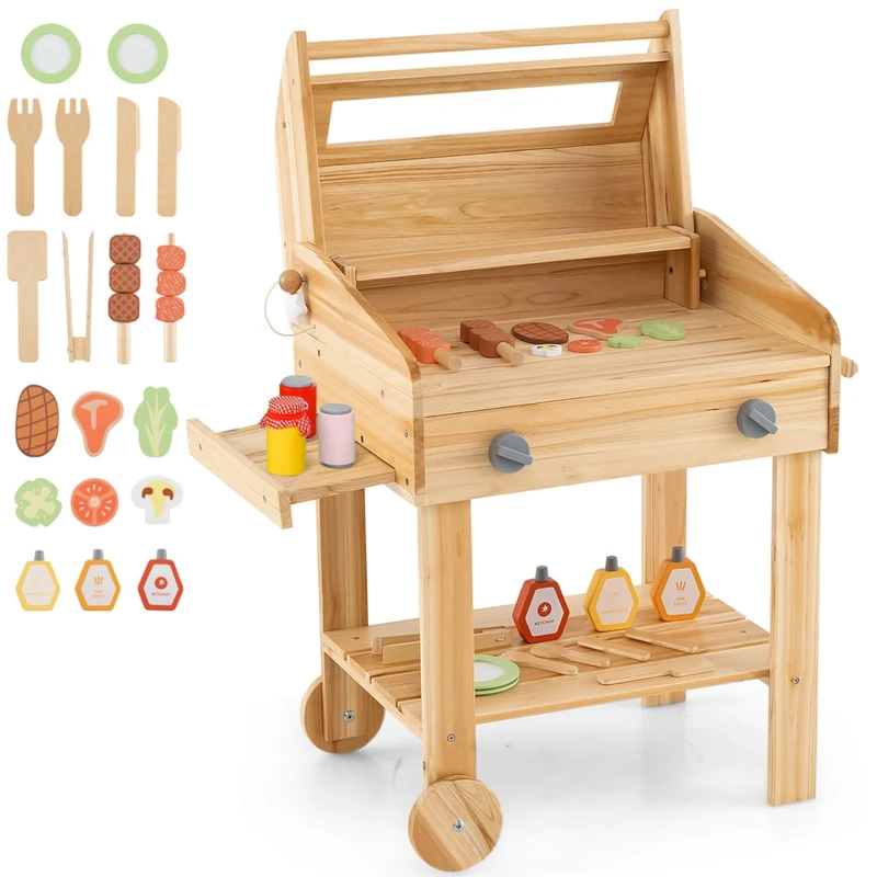 GYMAX Kids Barbecue Playset, Wooden BBQ Grill Toy Set