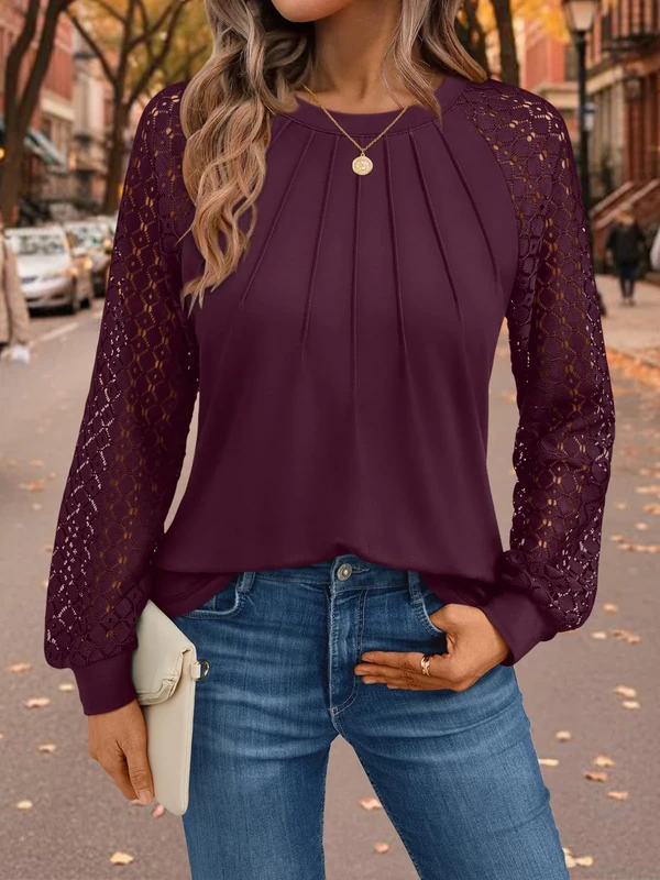 Womens Long Sleeve Shirts Lace Tops Business Casual Fall Fashion Outfits Clothes 2025 Knitted Y2k Dressy Blouses, WineRed, Medium