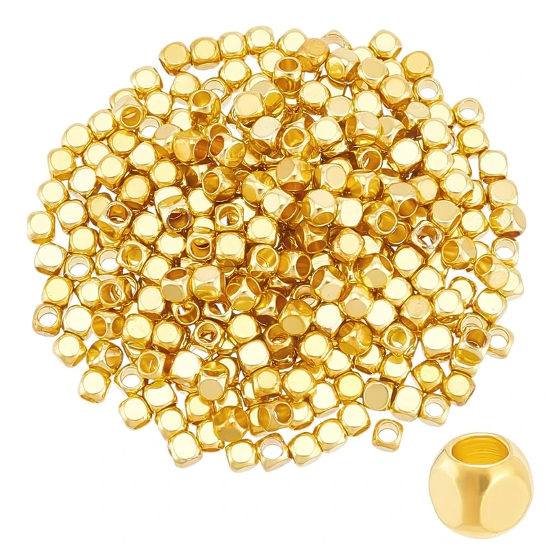 UNICRAFTALE 300Pcs Gold Brass Cube Square Beads (3mm, 2mm Hole) for DIY Bracelet Necklace Crafts