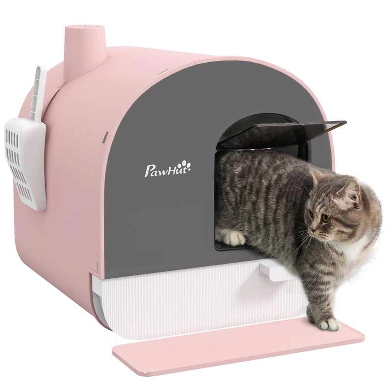 PawHut Cat Litter Tray with Swing Door, Scoop and Filter Included 43L x 44W x 47H cm Pink