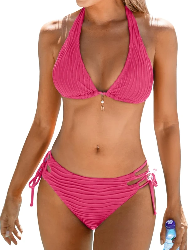 CUPSHE Women's Bikini Sets Plunging Neck Halter Low Rise Cheeky Bottom Strappy Side Tie Two Piece Swimsuit Swimwear Magenta L