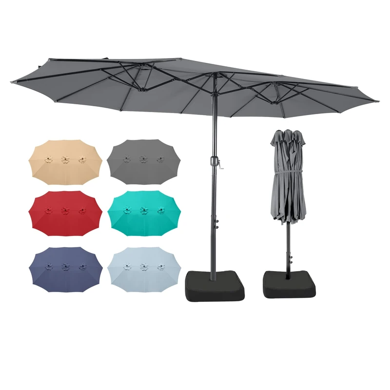 Bigroof 15ft x 9ft Patio Double-Sided Umbrella with Base & Crank, Extra Large Rectangular Outdoor Umbrella for Patio, poolside Lawn & Garden, Dark Grey