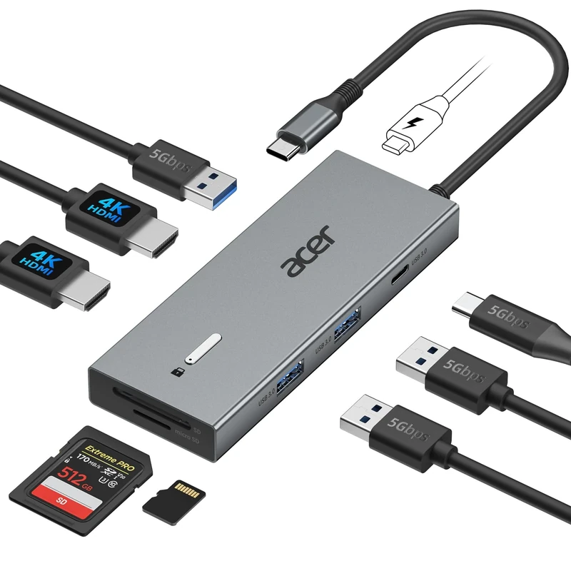 acer USB C Docking Station Dual HDMI, 9IN1 USB C Hub to HDMI 4K@60Hz, 3*USB-A, 1*Type-C 5Gbps, 100W PD, SD/TF Card Reader, Multiport for 2 Monitors, Dell, Chromebook, MacBook Air/Pro, Surface etc.