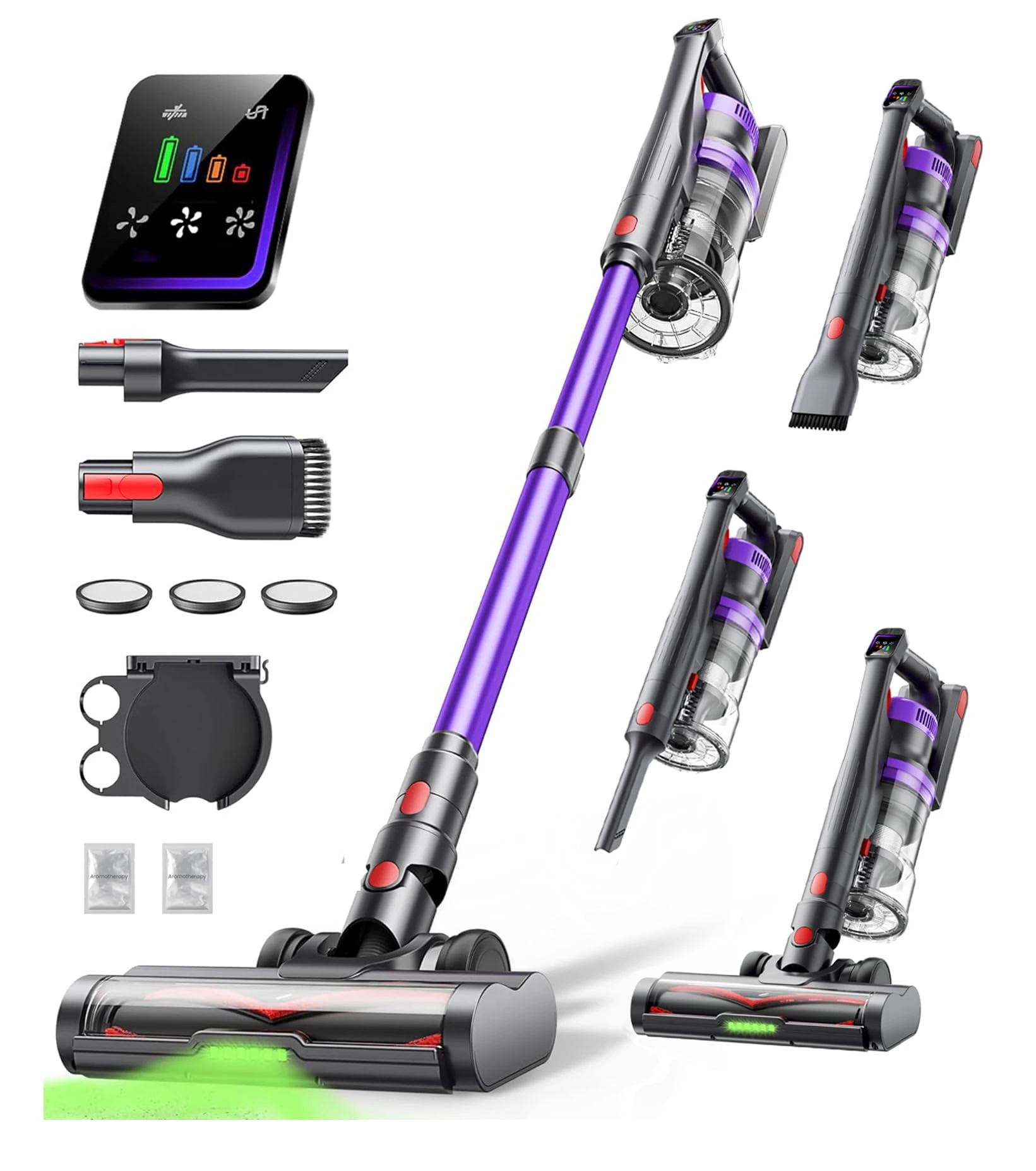 Cordless Vacuum Cleaner 600W 50KPA Powerful Suction 65 Mins Stick Handheld Vacuum Cleaners Green LED Anti-Tangle Brush Aromatherapy 1.8L Dust Cup One-Touch Empty for Carpet/Hardwood/Pet Hair/Car/Stair