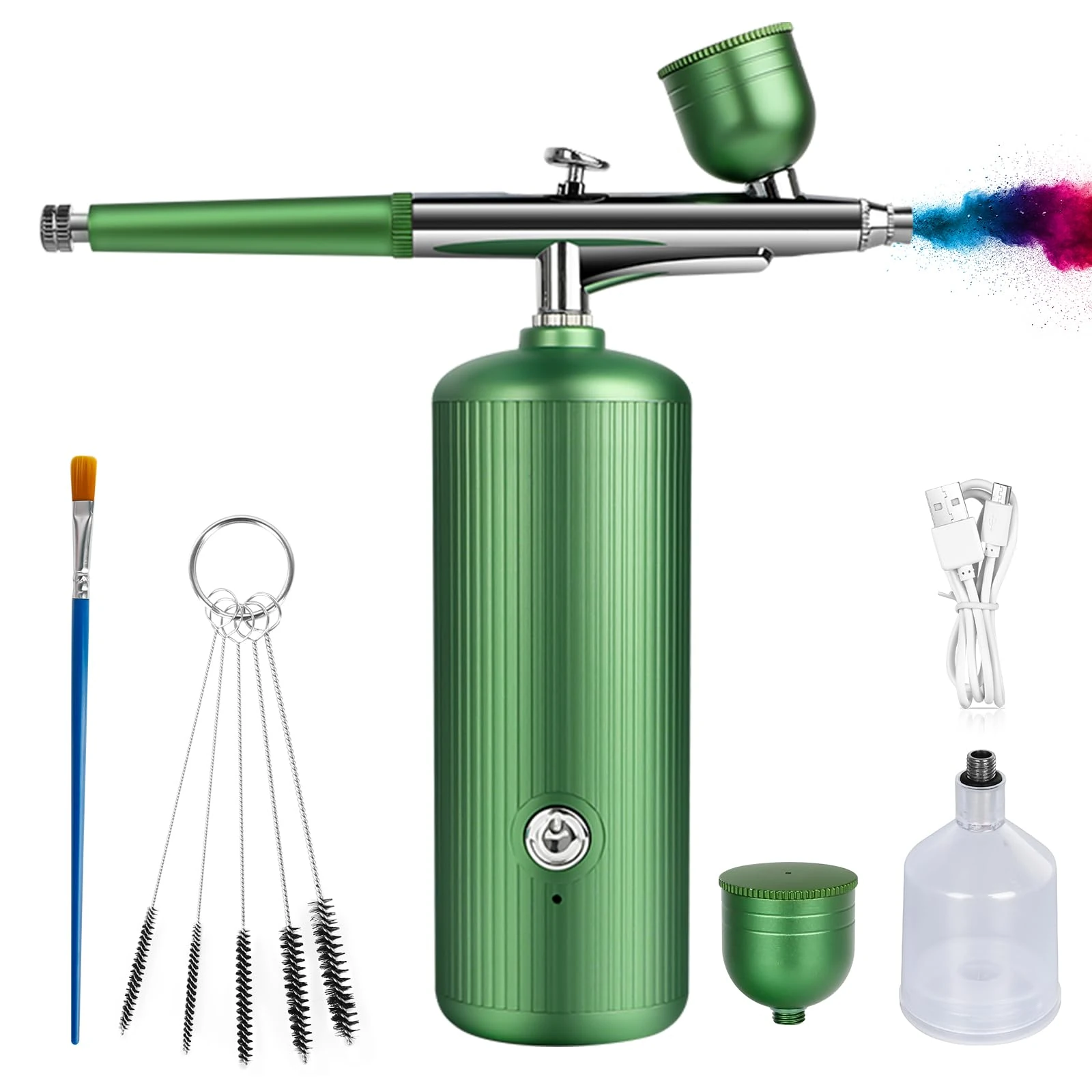 Airbrush Kit with Compressor - Rechargeable Portable Non-Clogging High-Pressure Air Brush Set with Nozzle and Cleaning Brush Set for Nail Art, Makeup, Barber, Cake Decor, Model Painting (Green)
