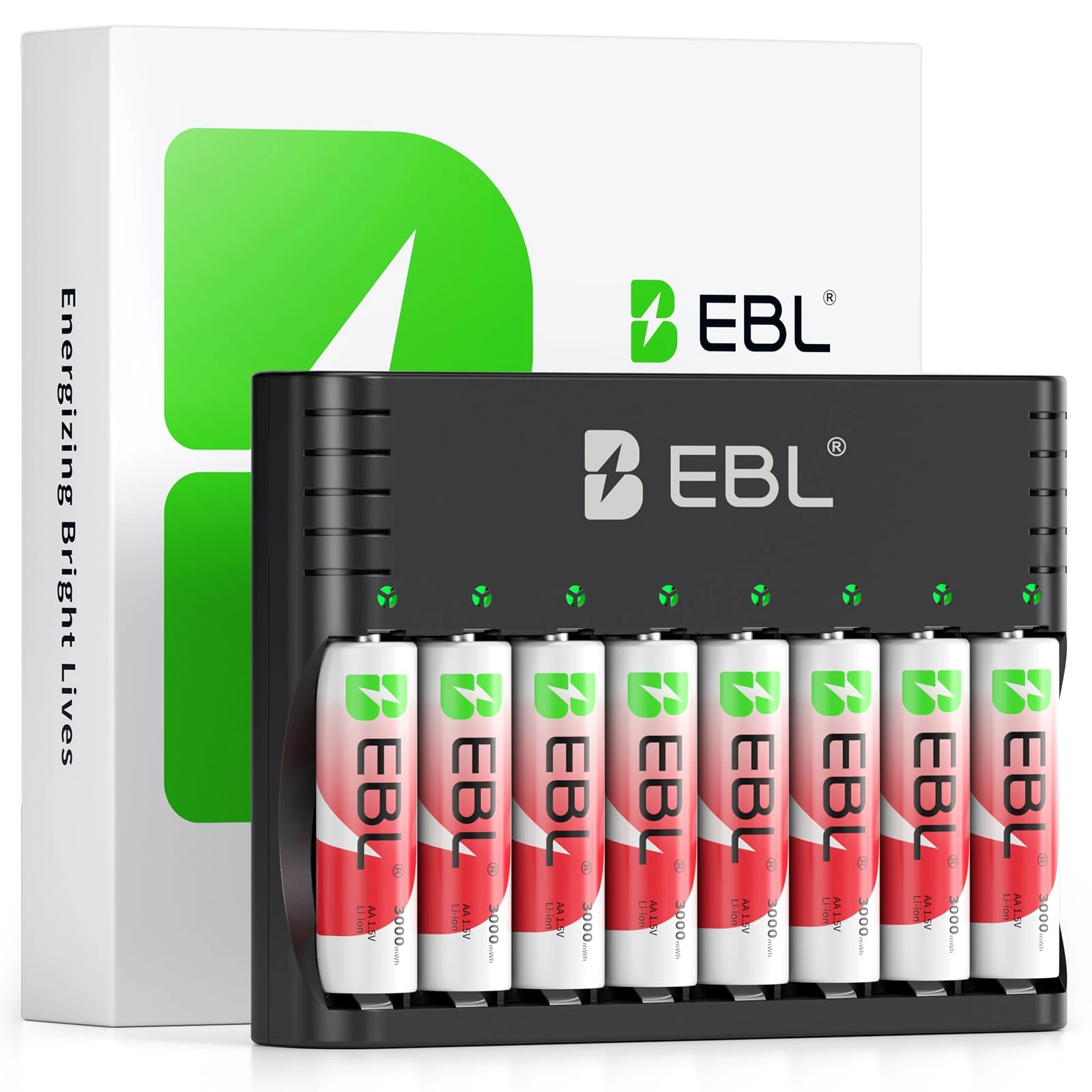 EBL Rechargeable Battery AA with Charger, 8 Pack 1.5V High Capacity 3000mWh Lithium AA Rechargeable Batteries for Blink Outdoor Camera, Universal Battery Charger for Li-Ion NI-MH NI-CD AA/AAA Battery