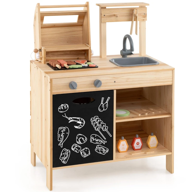 GYMAX Kids Barbecue Playset, Indoor Outdoor Wooden Children Kitchen