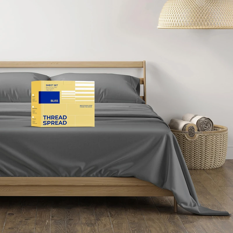 THREAD SPREAD 100% Egyptian Cotton Sheets Set California King Size - 600 Series Bliss Collection Luxury Sheet Cal King Size (4 PC, Dark Grey), Soft, Hotel Bed Sheets, Fits Mattress Upto 18"