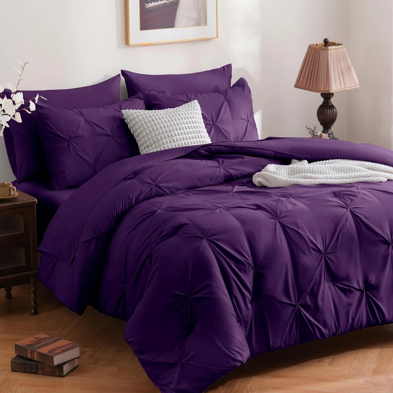 DOWNCOOL 7 Pieces Purple Queen Comforter Set, Pintuck Bed in A Bag Queen, Pinch Pleat Bed Set, Soft Microfiber All Season Bedding Set with Sheets, Pillowcases & Shams
