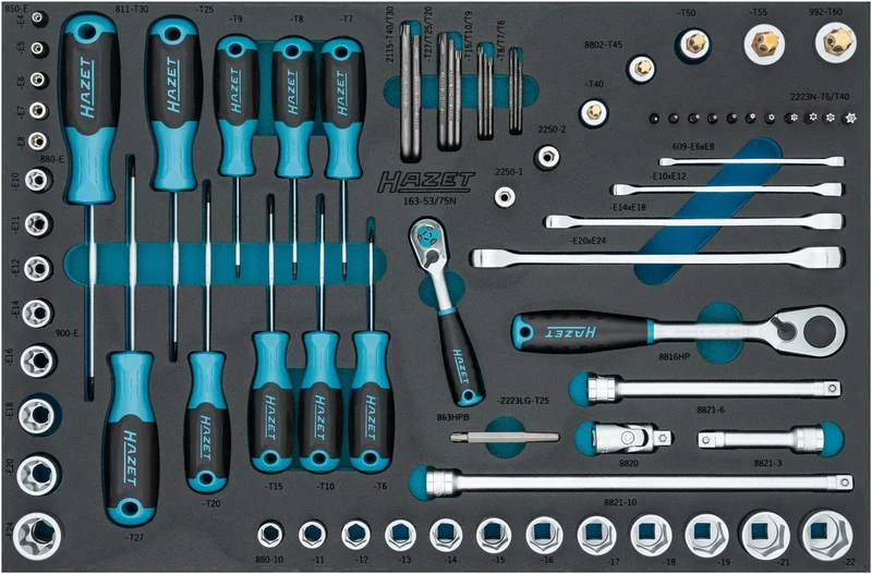 Hazet Socket Wrench Set 75 Pieces 163-53/75N 10-22mm E4-E24 T6-T60 Indoor/Outdoor Torx Tamper Resistant Torx Includes Double Ring Spanner, Reversible Ratchets and Bits