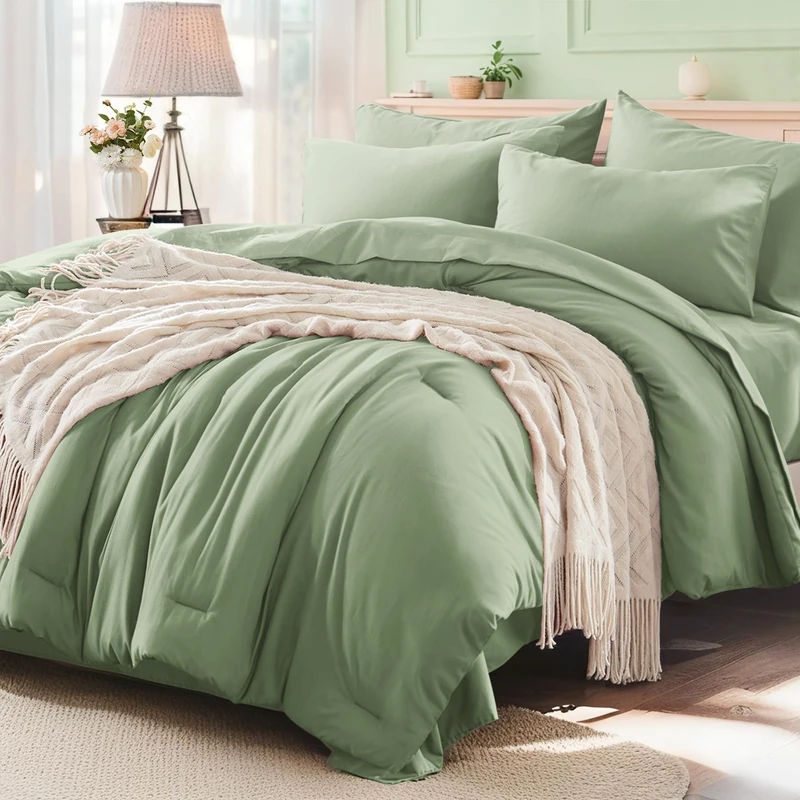 Anluoer Sage Green Queen Comforter Set 7 Pieces, Bed in a Bag with Sheets, All Season Bedding Sets with 1 Comforter, 2 Pillow Shams, 2 Pillowcases, 1 Flat Sheet, 1 Fitted Sheet