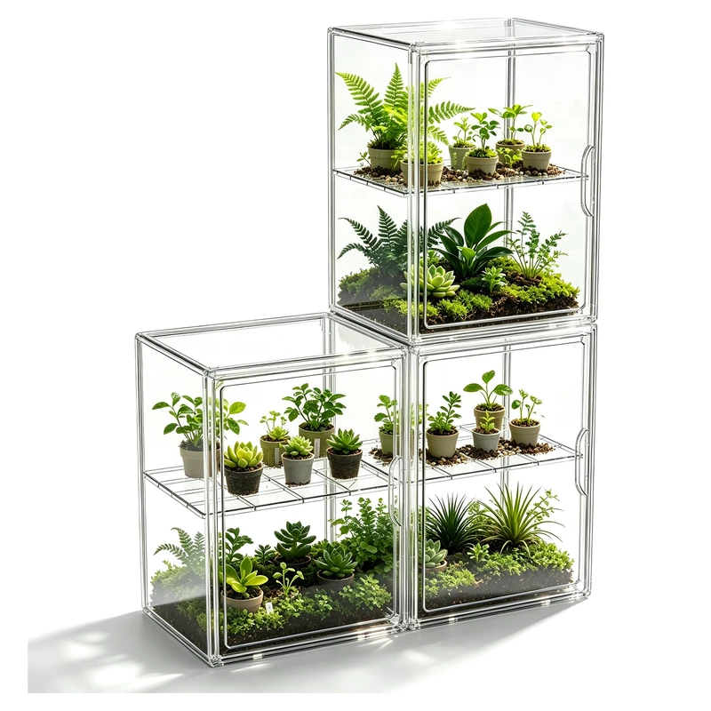 HOYOJA Clear Acrylic Display Case, Super Large Stackable Storage Bins Magnetic Attraction Lids, 3 Pack Acrylic Box with Divider for Collectibles, Figures, Purse, Handbag, Wallet, 11.4x9.84x15.4 inch