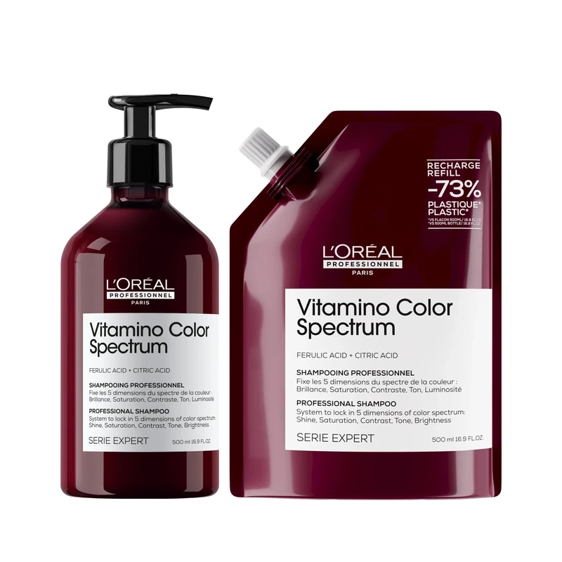 L'Oréal Professionnel Vitamino Color Spectrum Shampoo 500ml & Refill pack 500ml, For coloured hair, With Ferulic Acid + Citric Acid, Lock in day 1 colour vibrancy for 100 days, Colour protection