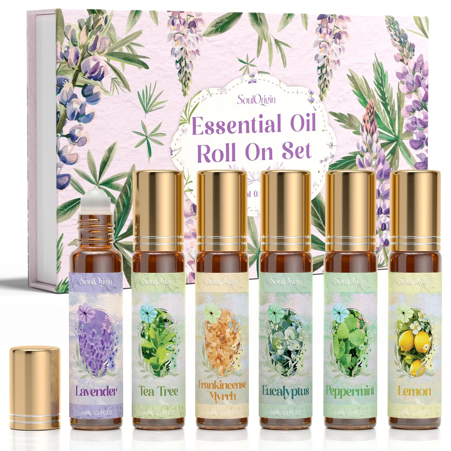 SoulOrigin Essential Oil Roll On Set, Fragrance Oil Set with Roller Ball for Skin for Outdoor and Household - Tea Tree, Frankincense Myrrh, Eucalyptus, Peppermint, Lavender