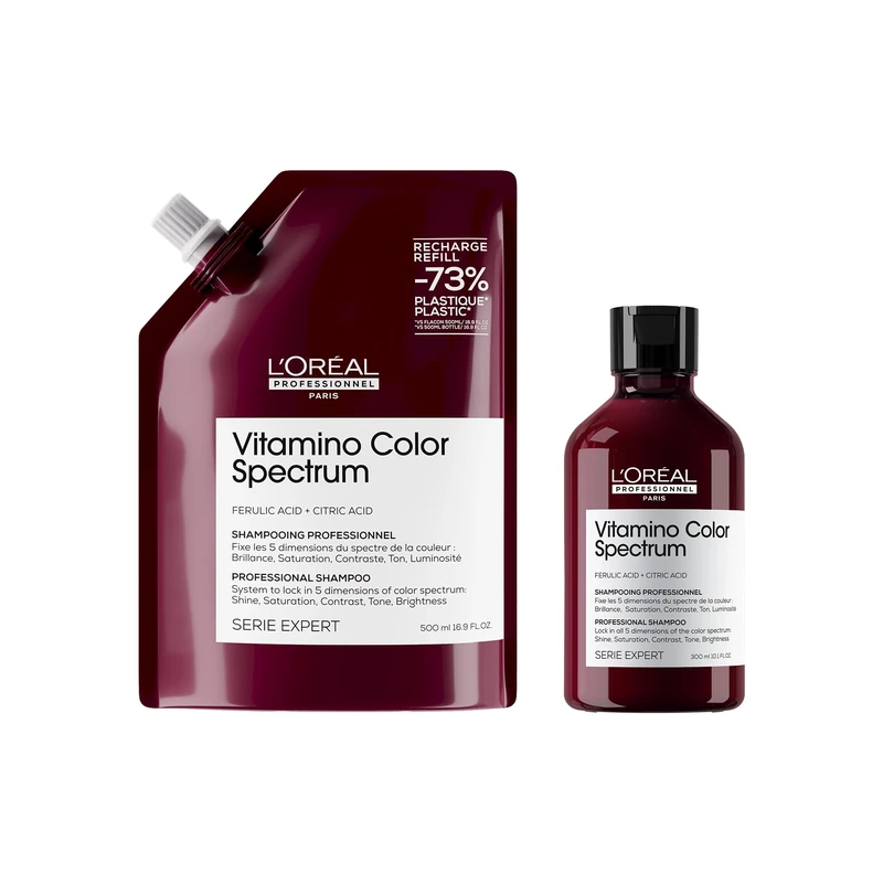 L'Oréal Professionnel Vitamino Color Spectrum Shampoo 300ml & Refill pack 500ml, For coloured hair, With Ferulic Acid + Citric Acid, Lock in day 1 colour vibrancy for 100 days, Colour protection