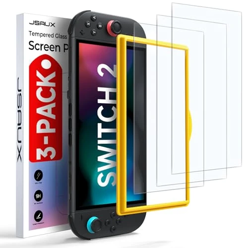 JSAUX 3-Pack Screen Protector for Nintendo Switch 2, Easy to Install with Guiding Frame Tempered Glass Ultra HD Glass Protector 9H Hardness Scratch Resistant