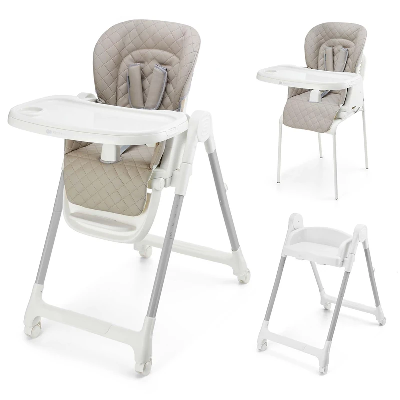 Kinderkraft TULO 3-in-1 Highchair, Booster, Toddler Chair 25kg, 5 Heights, 3 Recline, Footrest Adjust, Double Tray 3 Settings, 4 Lockable Wheels, Easy-Clean PU, 5-Point Harness, Beige