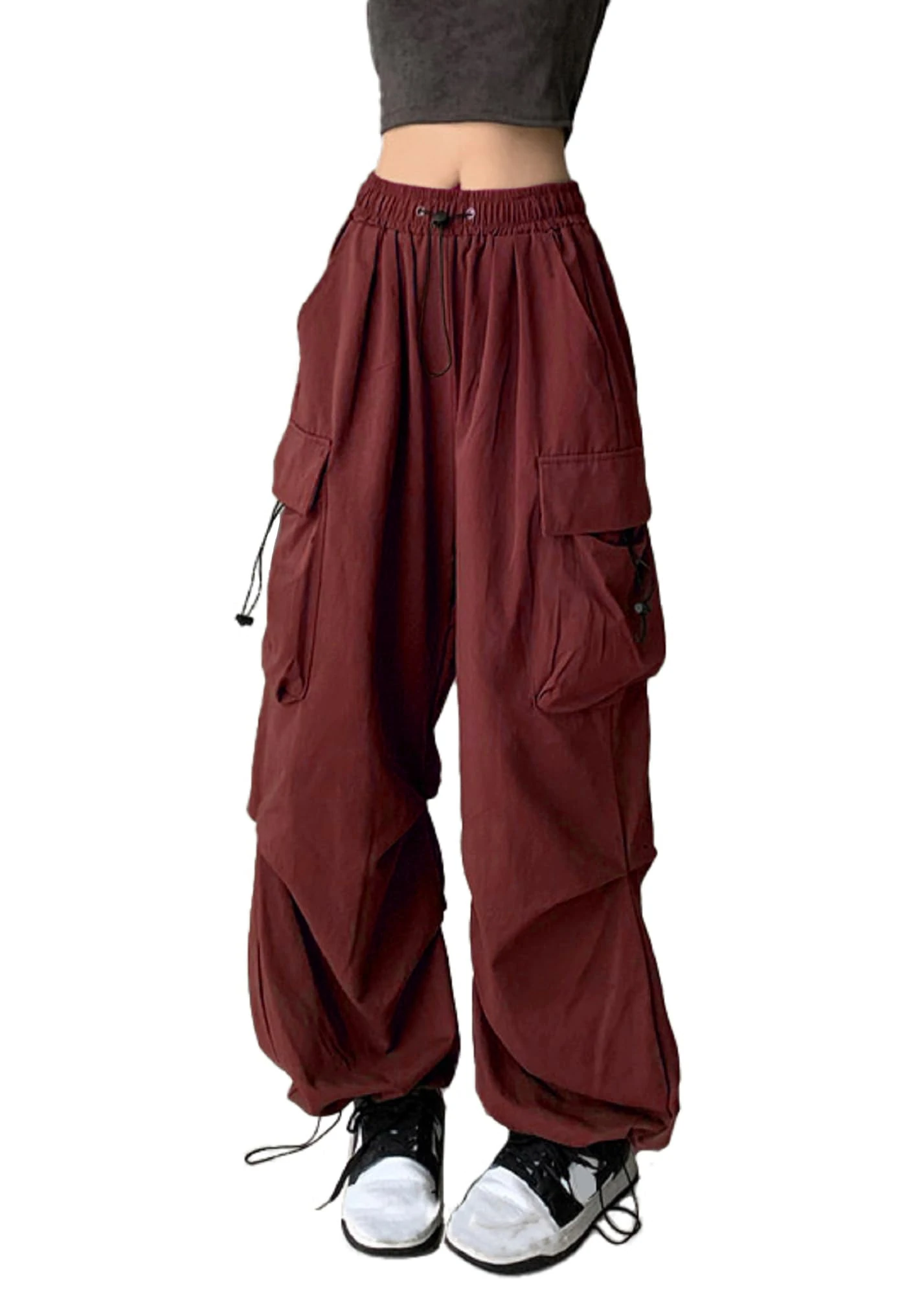 FDKLOOK Womens Baggy Cargo Pants Y2k Elastic Waisted Multiple Pockets Wide Leg Drawstring Parachute Pants Red S