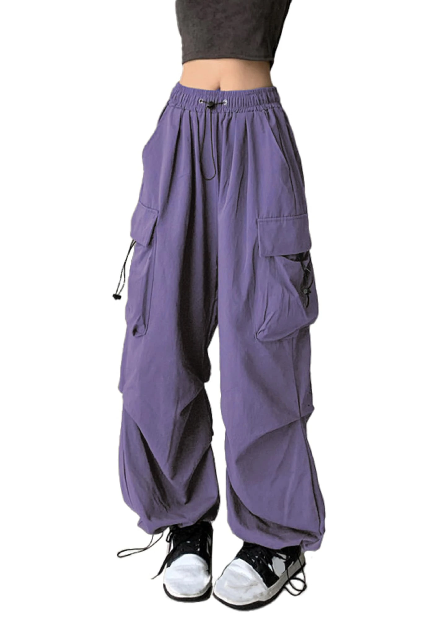 FDKLOOK Womens Cargo Baggy Pants Elastic Waisted Y2k Teen Girls Drawstring Parachute Cargo Pants with Pockets Purple S