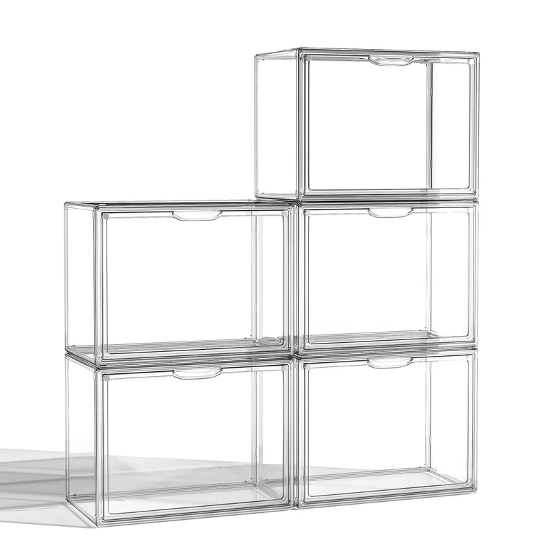 HOYOJA Clear Acrylic Display Case, Large Stackable Storage Bins Magnetic Attraction Lids, 5 Pack Acrylic Box Showcase for Collectibles, Figures, Cosmetic, Purse, Handbag, Wallet, 10.7x8.6x14.2 inch