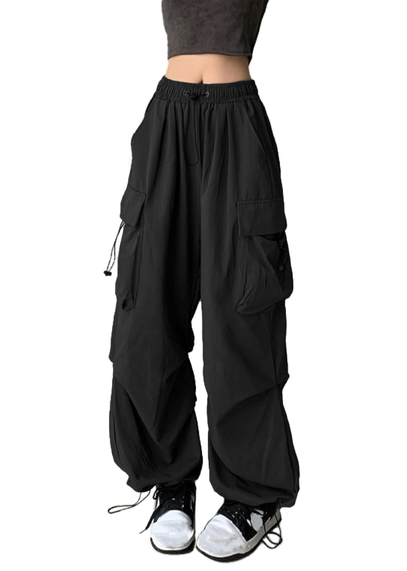 FDKLOOK Womens Black Baggy Cargo Pants Drawstring Elastic Waisted Wide Leg Y2k Parachute Trousers with Pockets S