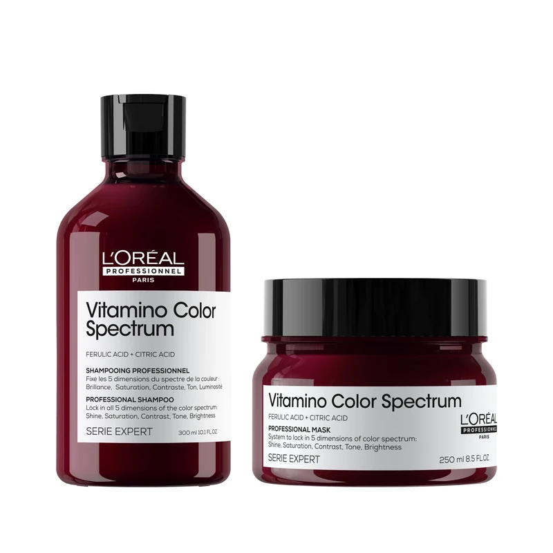 L'Oréal Professionnel Vitamino Color Spectrum Shampoo 300ml and Hair Mask 250ml, For coloured hair, With Ferulic Acid + Citric Acid, Lock in day 1 colour vibrancy for 100 days, Colour protection