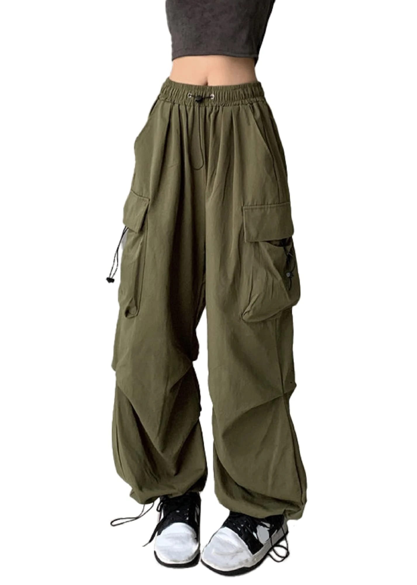 FDKLOOK Womens Army Green Baggy Cargo Pants Elastic Waist Drawstring Parachute Pant Multiple Pockets Y2k Bottom S