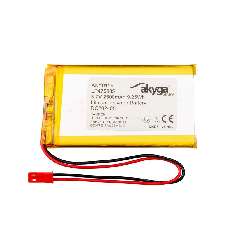 3.7 V 2500 mAh Battery LP475085 Lithium Polymer AKYGA AKY0156 Li-Po Battery PCM JST 2-Pin Connection 2.54 15 cm
