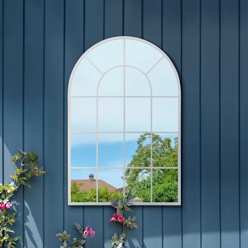 MirrorOutlet The Arcus - White Framed Window Modern Full Length Arched Garden Mirror 47" X 31" (120CM X 80CM) Silver Mirror Glass with Black All weather Backing.