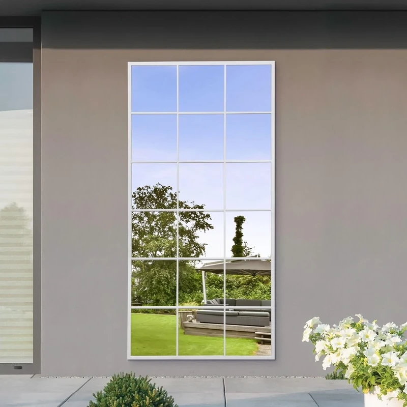 MirrorOutlet The Genestra - White Modern Window Garden Full Length Wall Mirror 69" X 33" (174CM X 85CM) Silver Mirror Glass with Black Metal Frame.