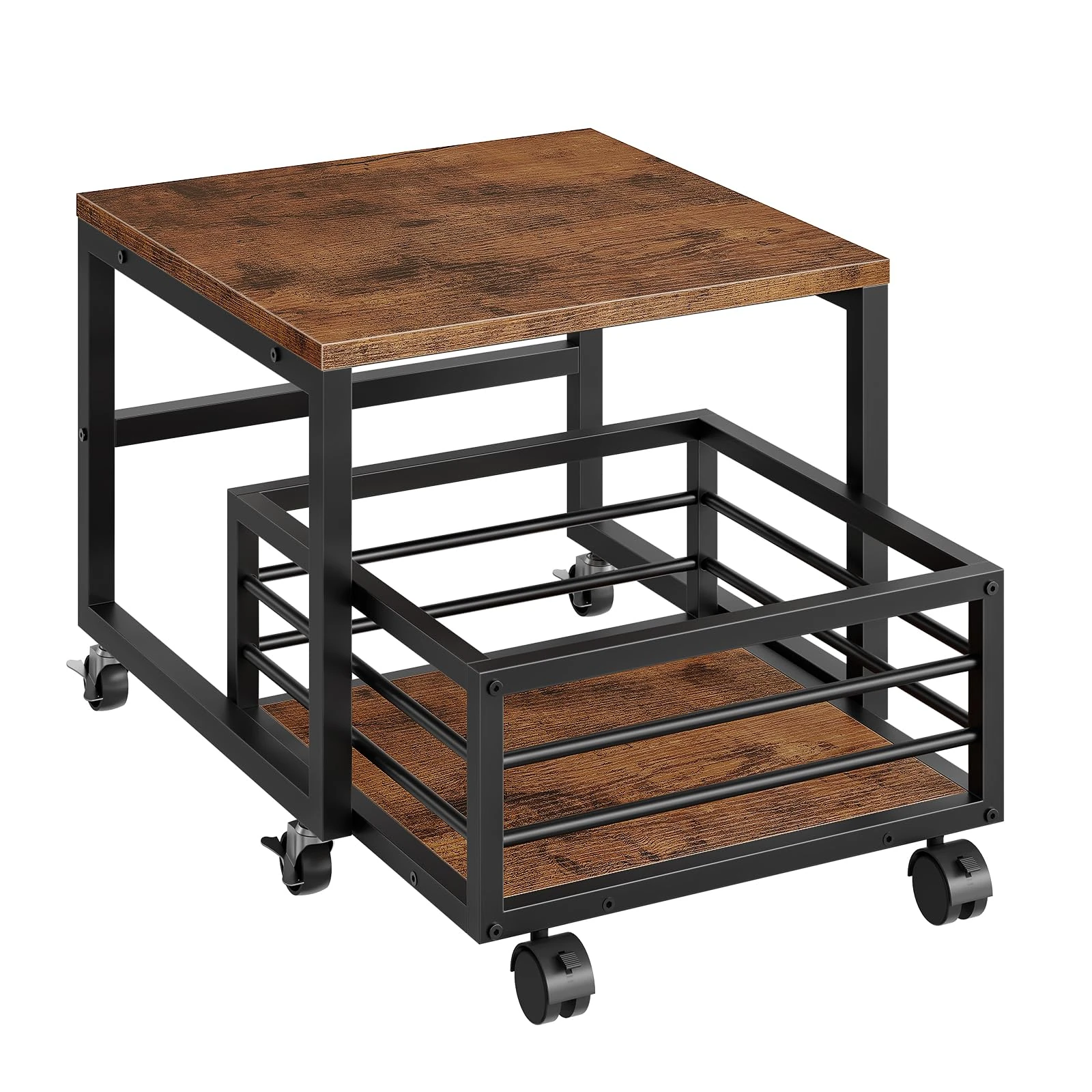 HOOBRO Movable Mini Fridge Stand with Drawer Basket, Mini Drinks Refrigerator Cabinet with Lockable Wheels and Adjustable Feet, Sturdy Metal Frame, for Home, Office, Rustic Brown and Black EBF155TL01