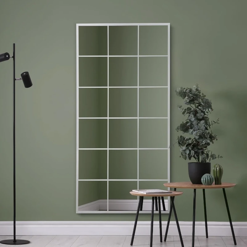 MirrorOutlet The Fenestra - White Modern Window Full Length Leaner/Wall Mirror 69" X 33" (174CM X 85CM) Silver Mirror Glass with Black Metal Frame.