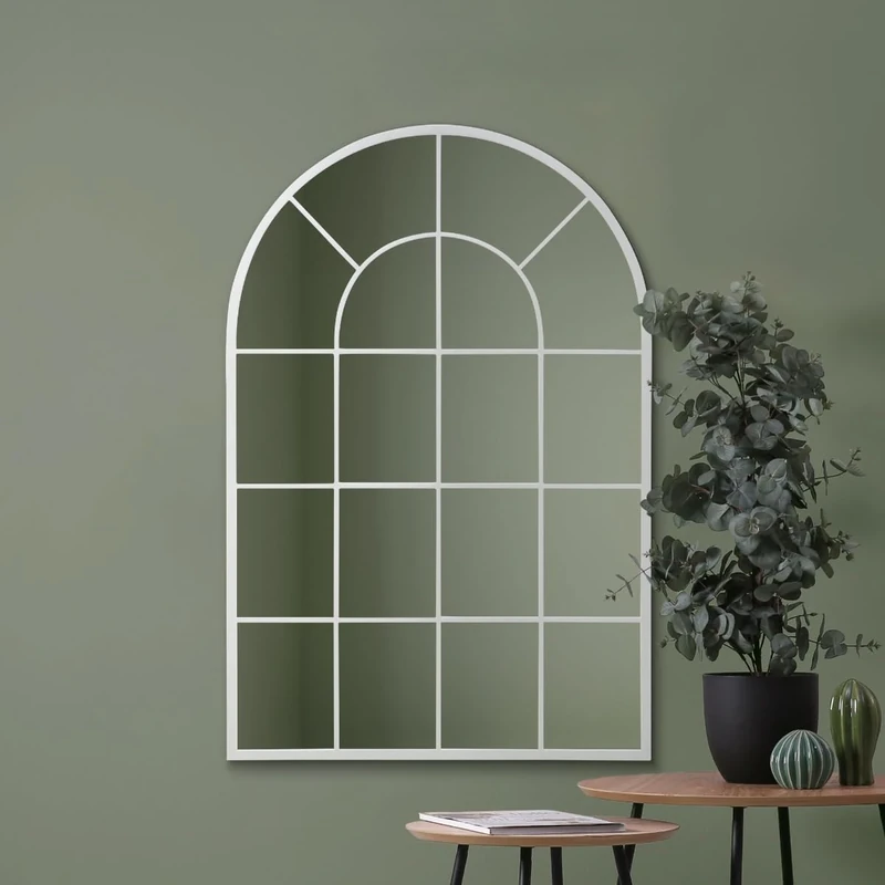 MirrorOutlet The Arcus - White Framed Window Modern Full Length Arched Leaner/Wall Mirror 47" X 31" (120CM X 80CM) Silver Mirror Glass with Black All weather Backing.
