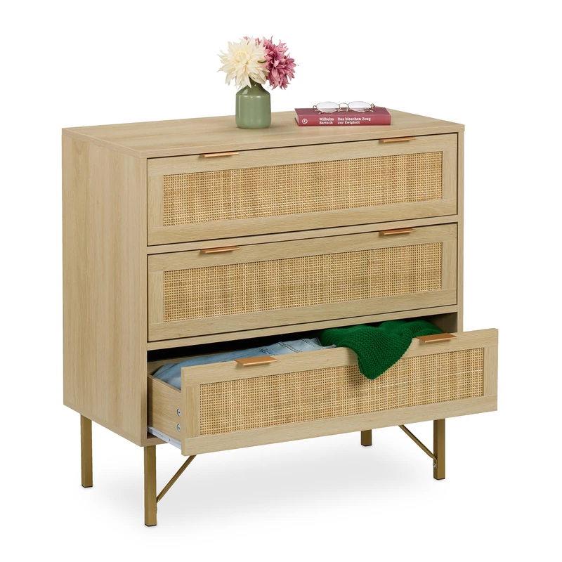 Relaxdays Chest of Drawers, Bedroom Dresser, Rattan Look, 80x80x42 cm, Living Room & Hallway Sideboard, Natural/Gold, Plastic, Fibreboard, Iron