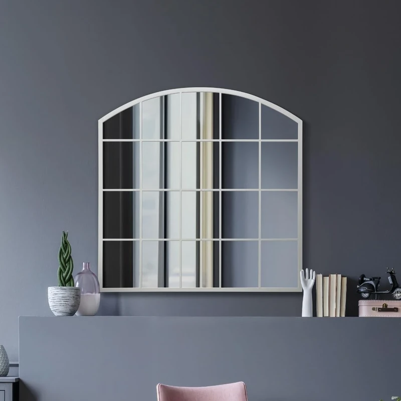 MirrorOutlet The Arcus - White Framed Window Modern Full Length Arched Leaner/Wall Mirror 39" X 39" (100CM X 100CM) Silver Mirror Glass with Black All weather Backing.