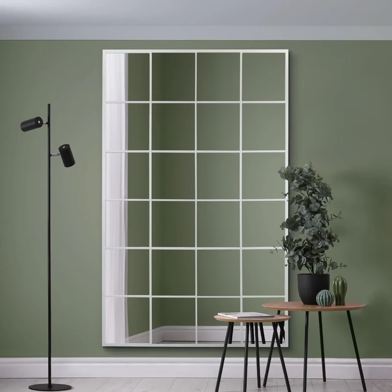 MirrorOutlet The Fenestra - White Modern Window Full Length Leaner/Wall Mirror 69" X 43" (174CM X 110CM) Silver Mirror Glass with Black Metal Frame.