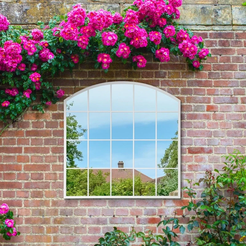 MirrorOutlet The Arcus - White Framed Window Modern Full Length Arched Garden Mirror 39" X 39" (100CM X 100CM) Silver Mirror Glass with Black All weather Backing.