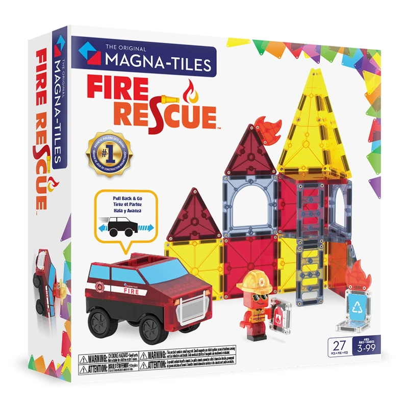 MAGNA-TILES Fire Rescue 27-Piece Magnetic Construction Set, The Original Magnetic Building Brand, Red, Silver, Blue, Yellow, Black, Clear