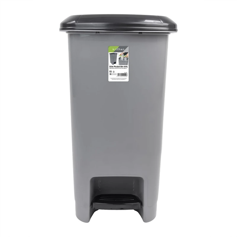 JVL Slim Plastic Lidded Foot Pedal Waste Bin, 60L, Grey
