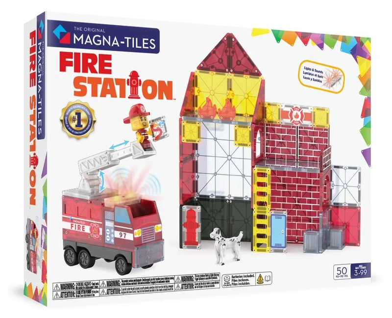 MAGNA-TILES Fire Station 50-Piece Magnetic Construction Set, The Original Magnetic Building Brand, Red, Multi-color