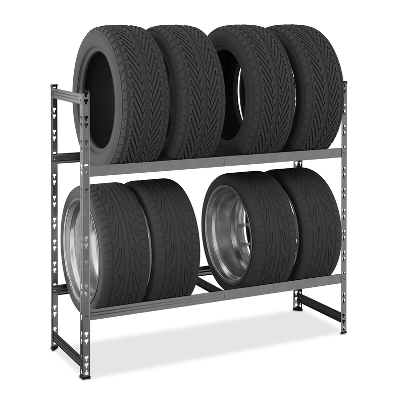 Relaxdays Tyre Rack for 8 Wheels, 100 x 110 x 35 cm, 150kg, Steel, Plug-in System, Tire Shelf, Garage & Workshop, Silver