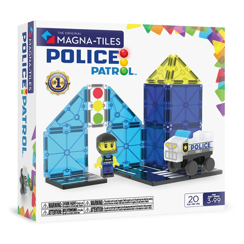 MAGNA-TILES Police Patrol 20-Piece Magnetic Construction Set, The Original Magnetic Building Brand, Blue, White