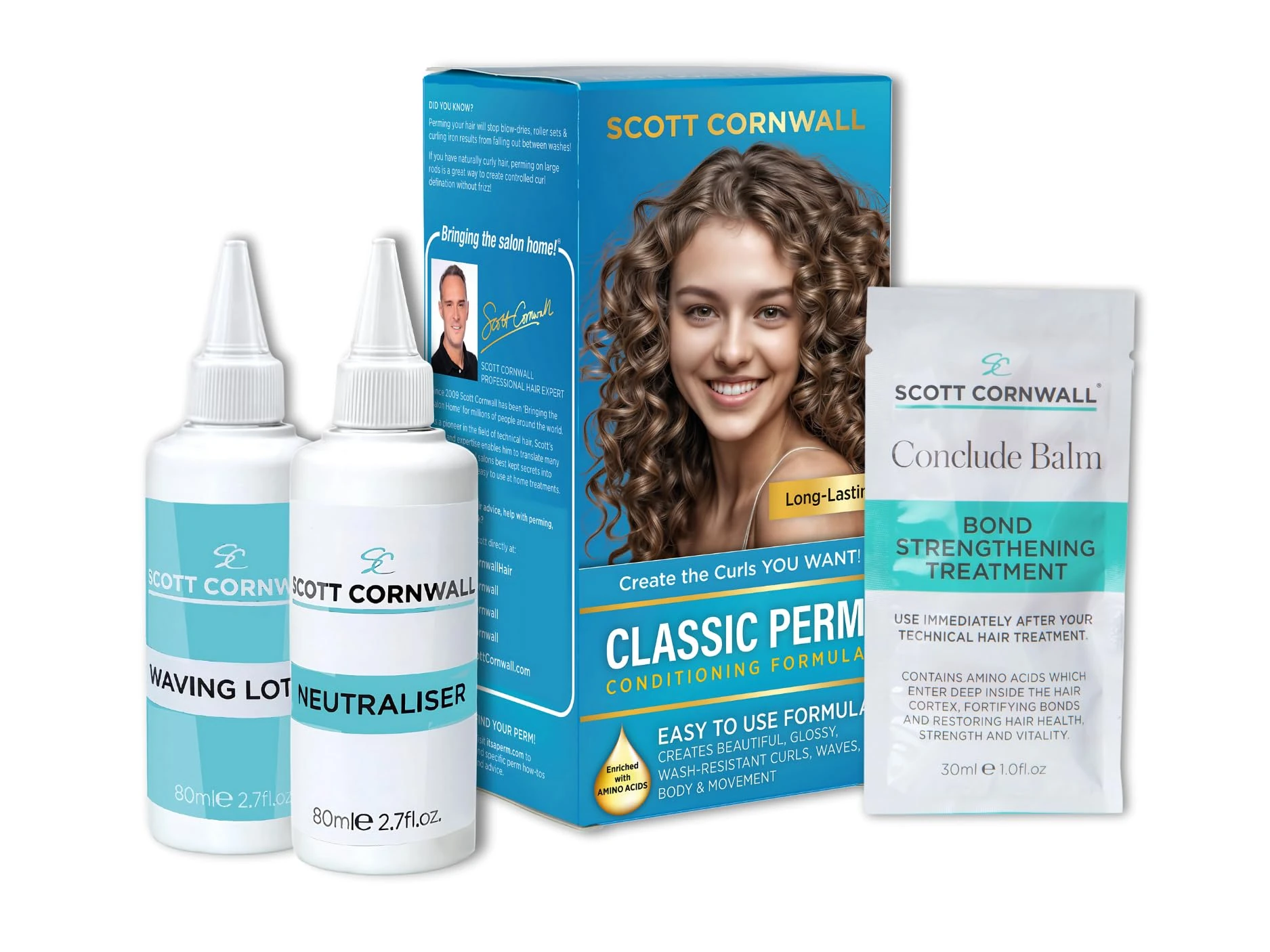 Scott Cornwall Classic Perm Kit with Amino Acid Complex for Permanent Curls and Waves, Unscented, Blue