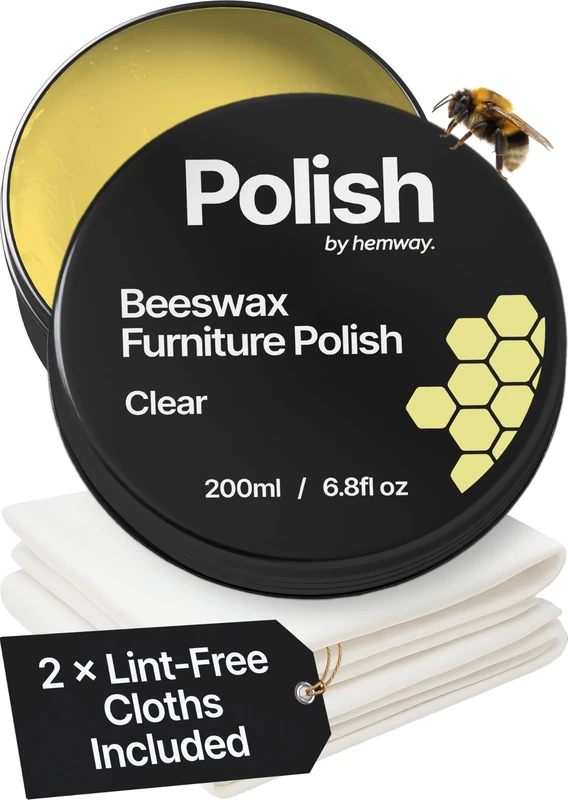 Clear Beeswax Furniture Polish 200 ml / 6.8 fl oz, & 2 Lint-Free Cloths, Natural Wood Wax Protection Bees Wax for Modern & Antique, Restores & Protects, Long-Lasting, Beeswax Polish for Wood