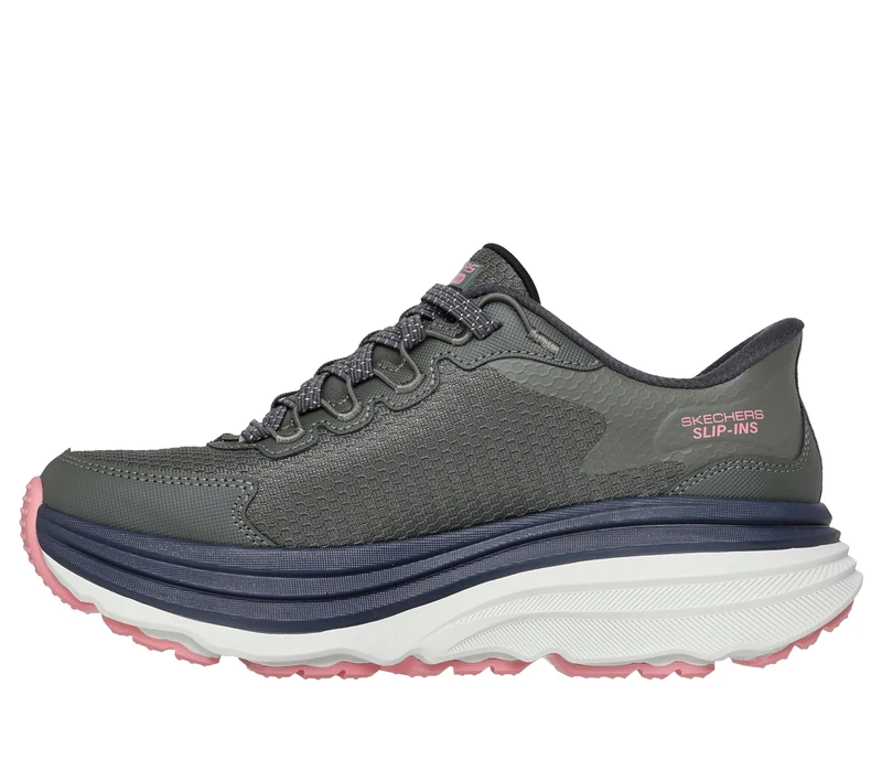 Skechers Women's Max Cushioning Zirrus Trekking Low Cut Shoes, Olive Textile/Synthetic Pink Trim, 4 UK