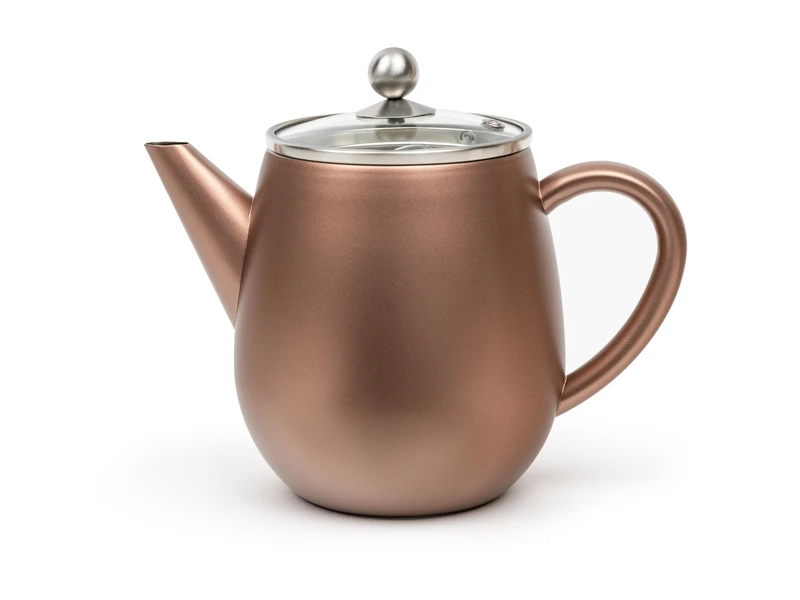 Bredemeijer Double-Walled Stainless Steel Teapot 1.1 litres - Rust-Brown Stainless Steel Jug with Glass Lid and Tea Filter - for Longer, Warm Tea Enjoyment